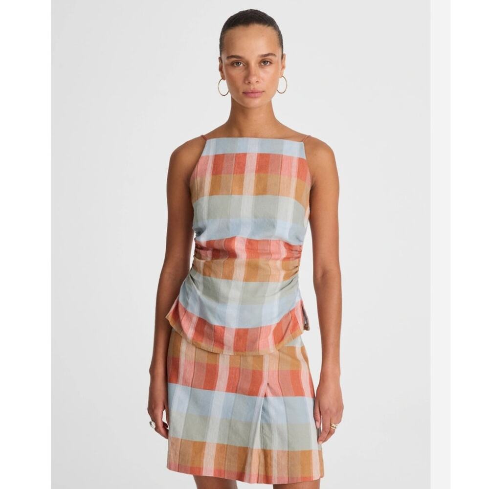 NWT Madewell Ruched Squareneck Tank in Linen-Cotton Blue/Orange 6 - Picture 4 of 13